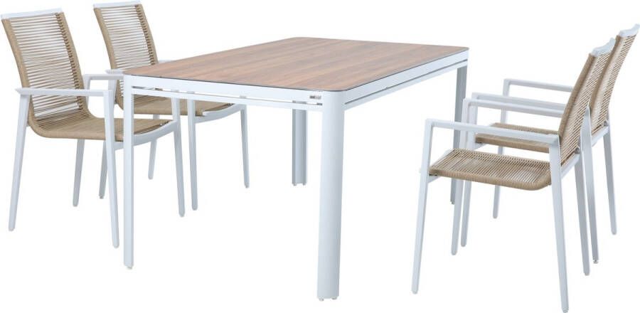 AXI Zora Tuinset met 4 stoelen Wit met Hout-look PSPC – Gepoedercoat aluminium frame – Stoel met dubbel geweven touwen Polywood tafelblad