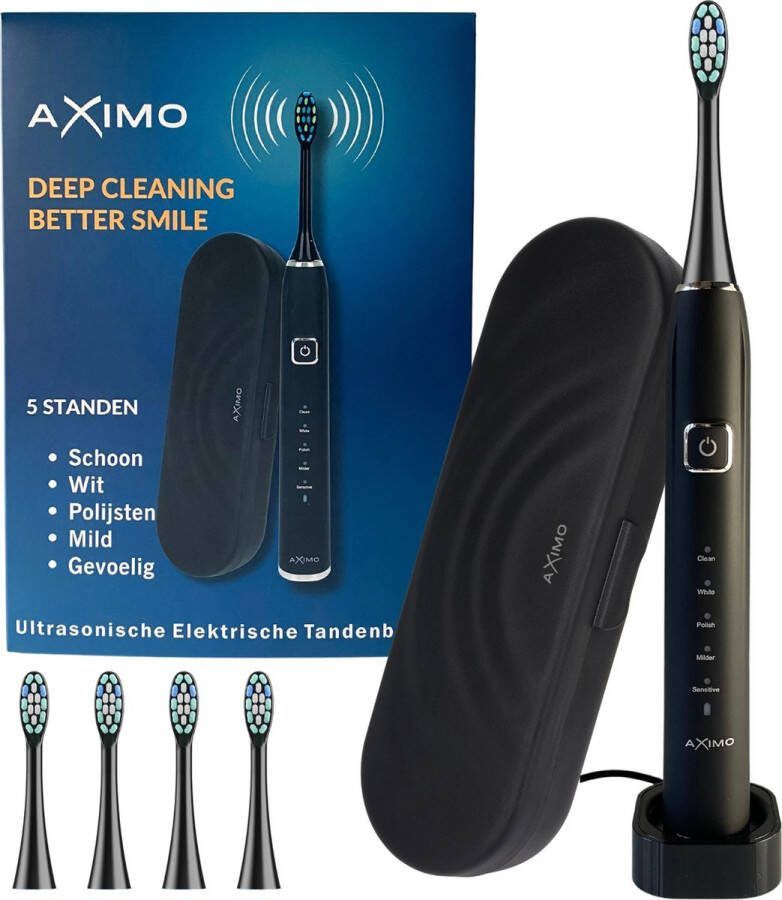 AXIMO Elektrische Tandenborstel Sonic USB Oplaadbaar Vijf Standen Waterproof inclusief 4 Opzetborstels Zwart