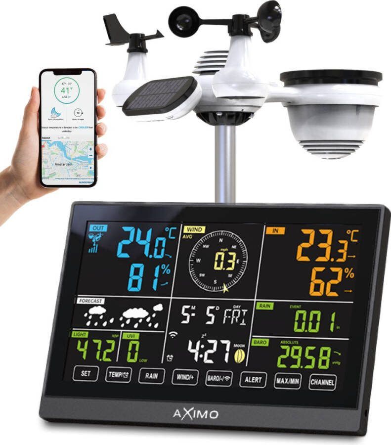 AXIMO Professioneel WiFi Weerstation Kleurendisplay 7-in-1 Buitensensor Binnensensor Weather Underground koppeling