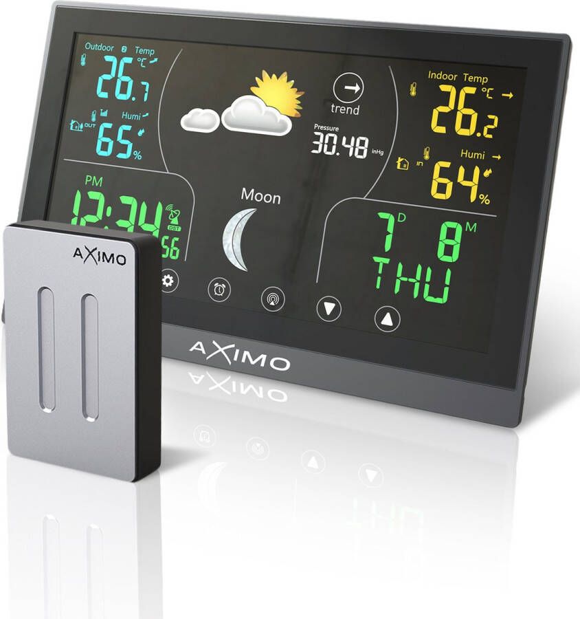 AXIMO Weerstation binnen en buiten – Draadloos weerstation met buitensensor Touchscreen kleurendisplay Binnen- en buitentemperatuur Barometer Weersvoorspelling