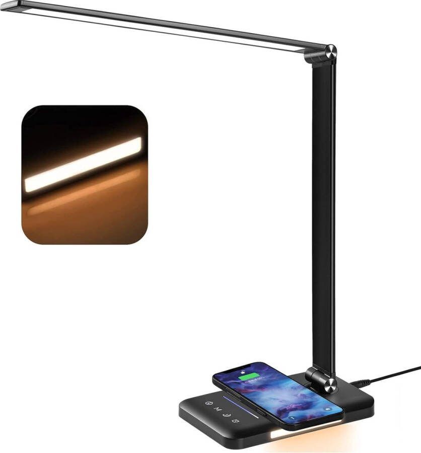 Ayangoods Draadloze Oplaadbare Bureaulamp Dimbaar met Helderheidsregeling Modern Design 360 Graden Verstelbaar Draadloze Oplaadfunctie Geschikt voor Monitors Verlichting voor Werk en Studie