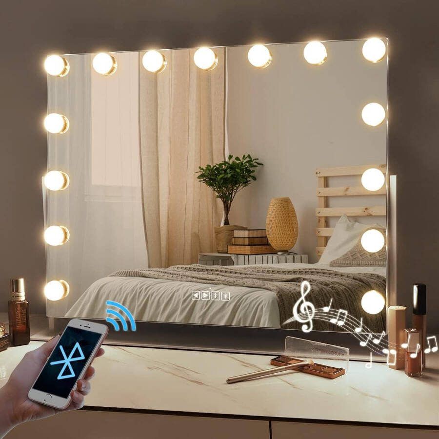Ayangoods Hollywood-stijl Make-upspiegel met LED-verlichting en Touchbediening 3 Kleurentemperaturen Verstelbaar Draaibaar Staande Spiegel met Verlichting