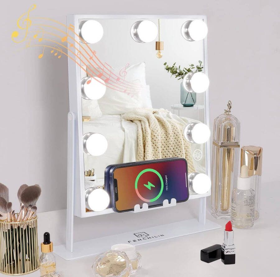 Ayangoods Hollywood-stijl Make-upspiegel met Verlichting en Lichtkleuren Instelbare Verlichte Spiegel voor Perfecte Make-up Dimbare Make-upspiegel voor Dagelijks Gebruik Verstelbare Spiegelhoek en Duurzame Materialen Eenvoudig te Monteren en Gebruiken
