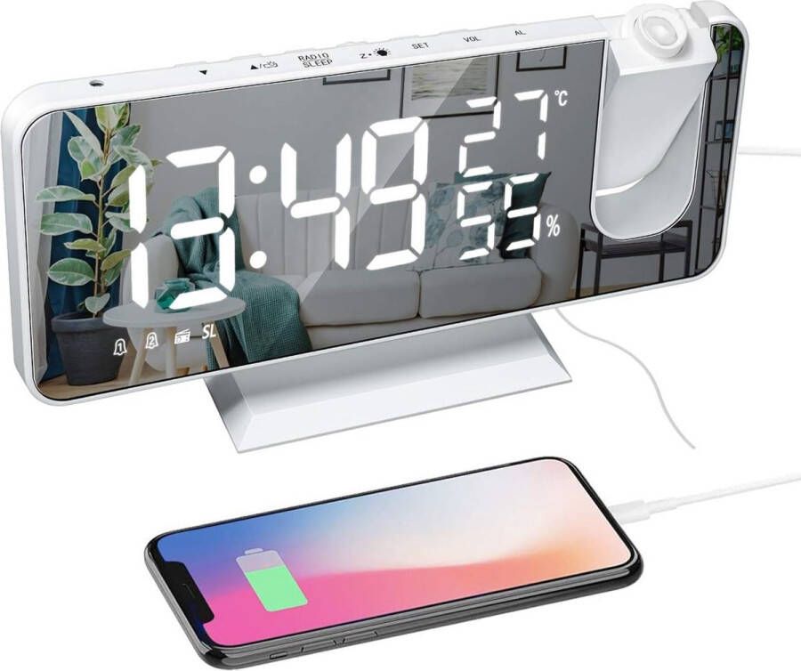Ayangoods Projectiewekker met LED-spiegeldisplay en dimmer Radiowekker met USB-opladen Moderne Wekker met Projectiefunctie Slaapkamer Wekker met FM-radio Handige Wekker met Tijdprojectie Stijlvolle Wekker met USB-poorten