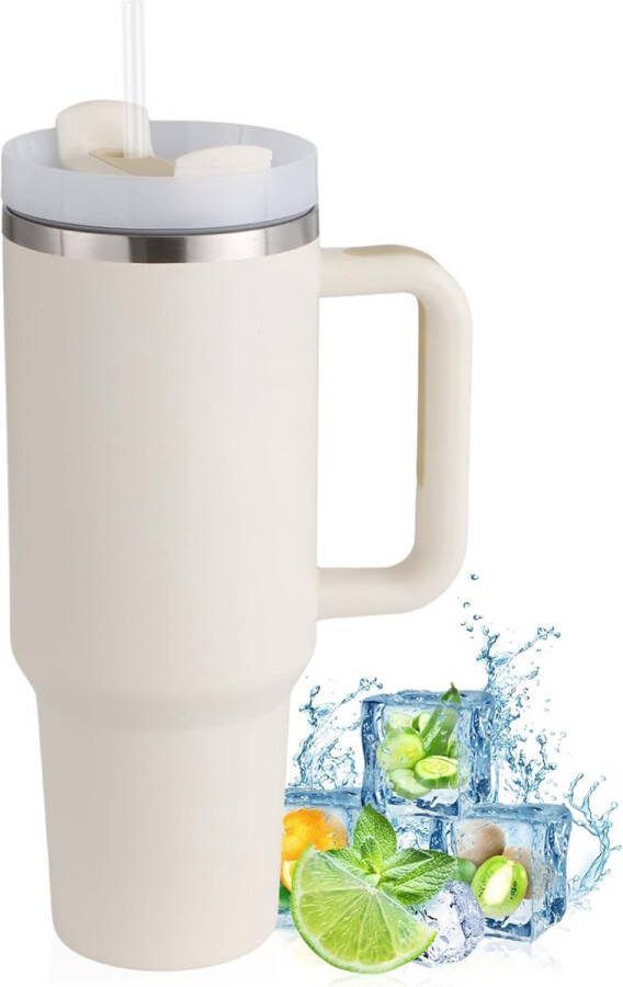 Ayangoods Thermosbeker met Rietje en Handvat 1200 ml Dubbelwandig Roestvrij Staal Isolerende Vacuümbeker Geschikt voor Thuis en Reizen Wit
