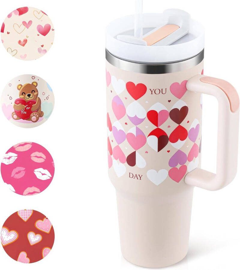 Ayangoods Thermosbeker met Rietje en Handvat Roestvrij Staal 1200 ml Vacuüm Drinkbeker Speciaal Geschenk voor Meisjes Moeders Geliefden Vrienden Sakura Roze