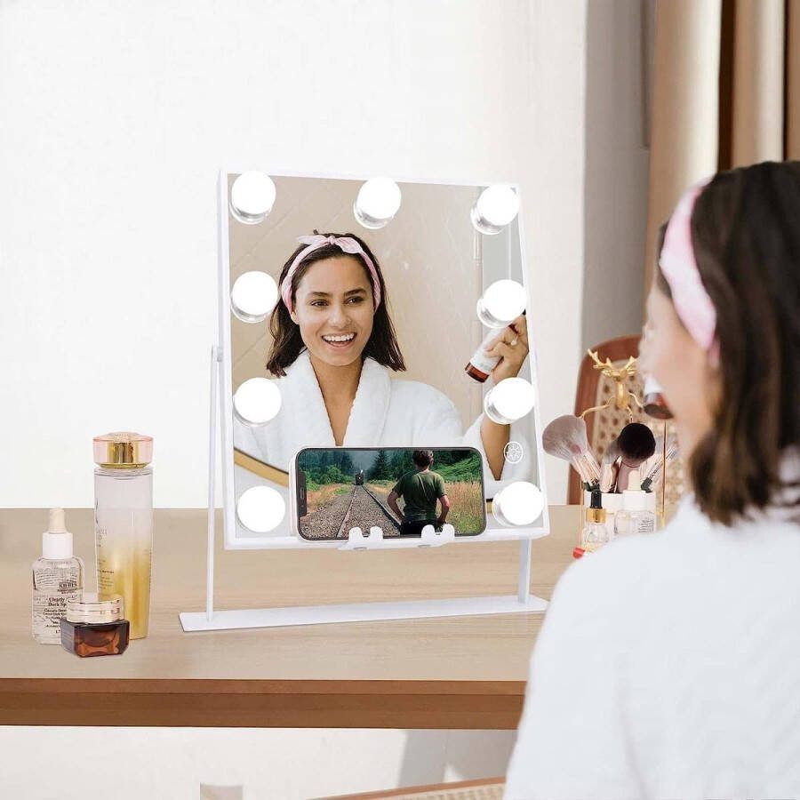 Ayangoods Verlichte Make-up Spiegel Draadloze Oplaadpad Make-up Spiegel met 9 LED-lampen Dimbaar 360-graden Draaibare Hollywood Cosmetische Make-up Spiegel met Verlichting Wit 25x30cm