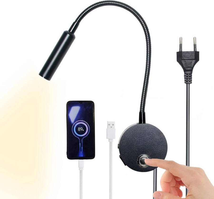 Ayangoods Wandlamp voor Lezen in Bed met Touch Schakelaar en USB Aansluiting Dimbare Leeslamp met EU Stekker en Snoer Flexibele Gooseneck Wandlamp voor Slaapkamer en Kantoor 3W Wandlamp met Aanraakbediening [Energieklasse G]