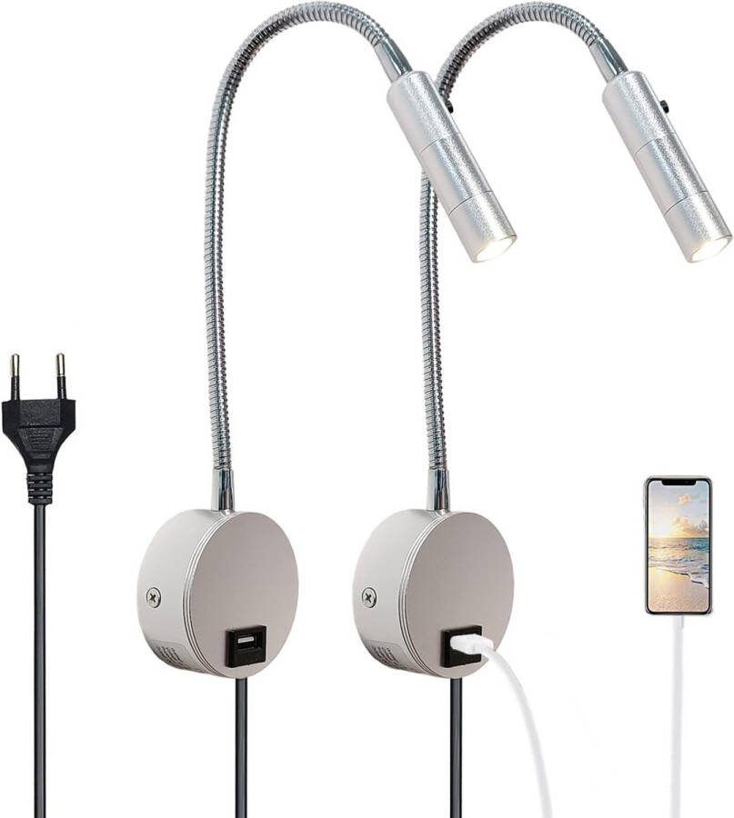 Ayangoods Wandlamp voor Lezen in Bed met Touch Schakelaar en USB-Aansluiting Dimbare Leeslamp met Flexibele Gooseneck-Arm EU-Stekker en Snoer Inbegrepen 3W Wandlamp voor Slaapkamer en Kantoor