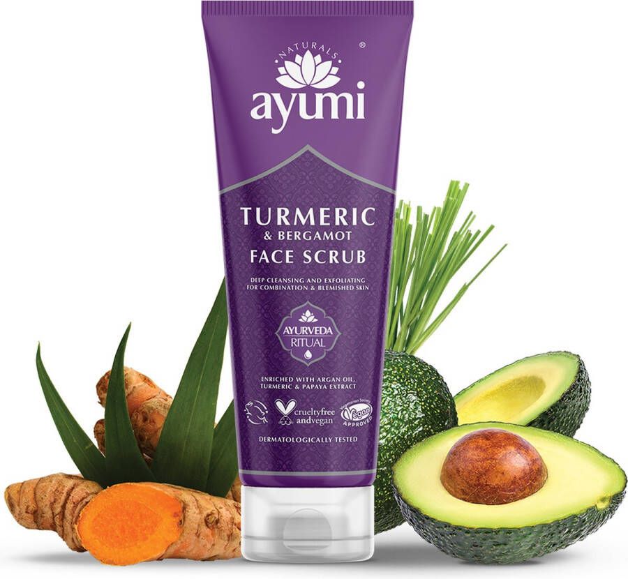 Ayumi Naturals Kurkuma en Bergamot gezichtsscrub scrubcreme voor droge huid vochtinbrengend en zuiverend scrub creme 125ml