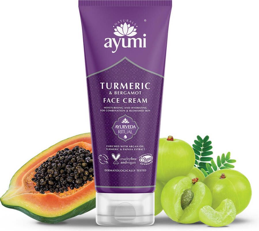 Ayumi Naturals Kurkuma en Shea boter gezichtscreme 100ml hydraterende herstellende creme met mandarijn citroen en argan olie