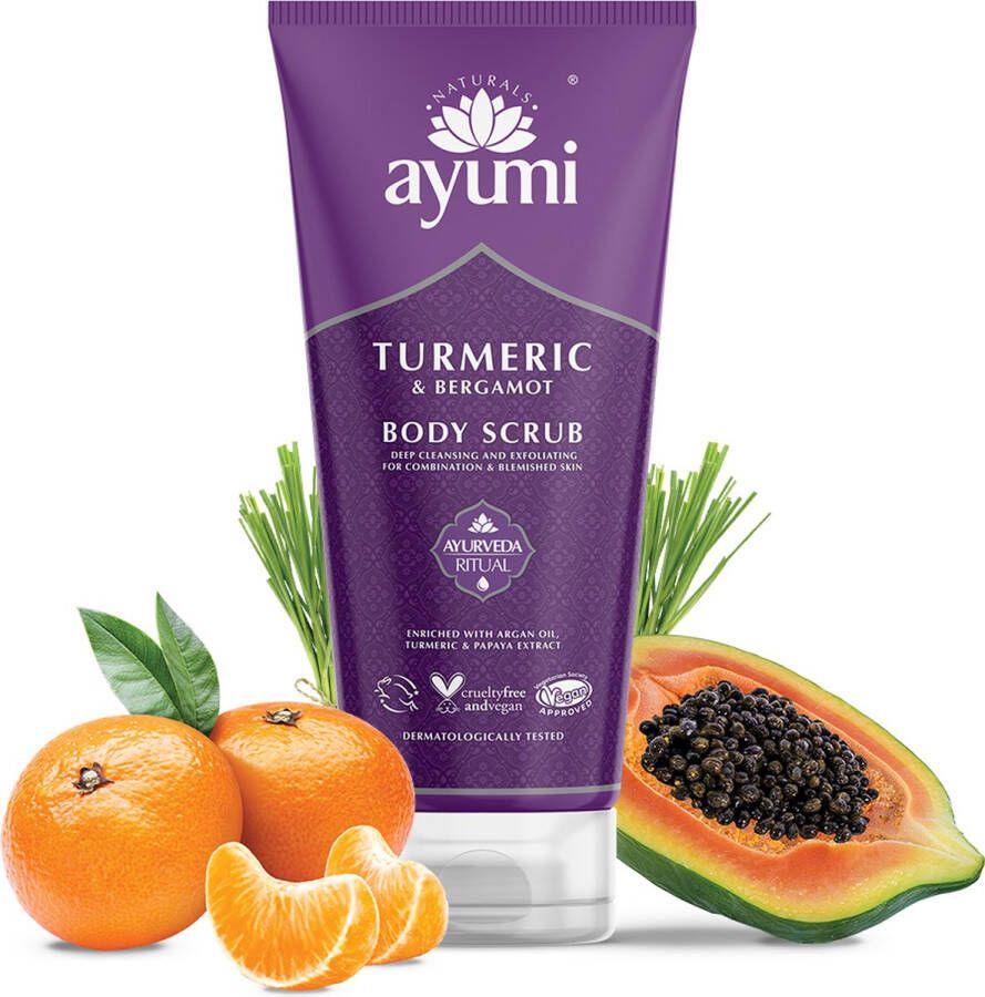 Ayumi Naturals Natuurlijke Kurkuma & Papaya Body Scrub met citroen en mandarijn etherische olie 200ml bodyscrub