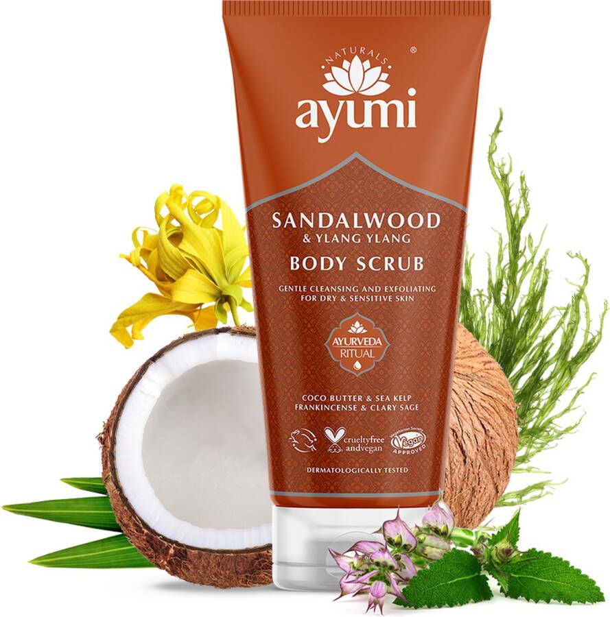 Ayumi Naturals Natuurlijke Sandelhout en Ylang bodyscrub 200ml body scrub zachtreinigende scrubcreme voor de gevoelige huid