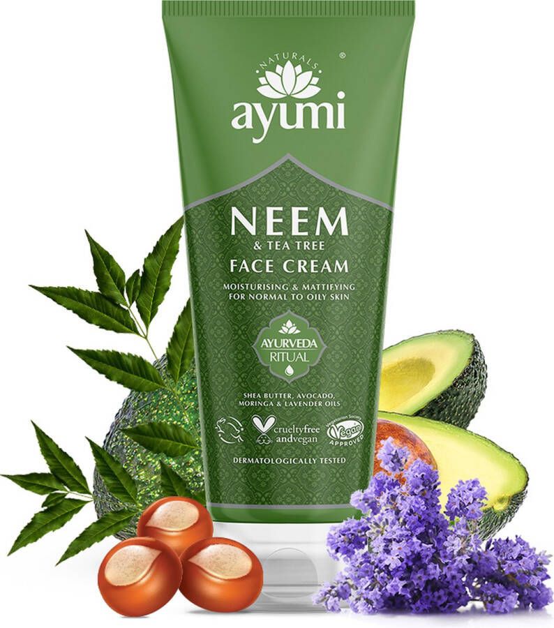 Ayumi Naturals Neem en tea tree gezichtscreme 100ml vochtinbrengende zuiverende natuurlijke creme met pepermunt rozemarijn eucalyptus en lavendel olie