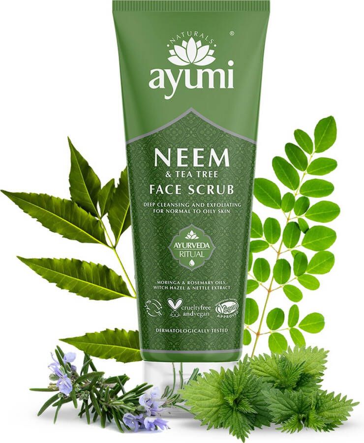 Ayumi Naturals Neem en tea tree gezichtsscrub scrubcreme voor onzuivere huid scrub creme met rozemarijn en eucalyptus 125ml