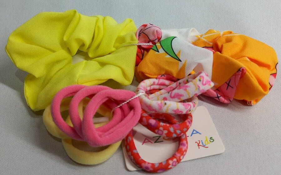 Azoza Haar scrunchies 2 x met Bijpassende Haarelastieken 10 x Geel Print Meisjes Kado Tip !!