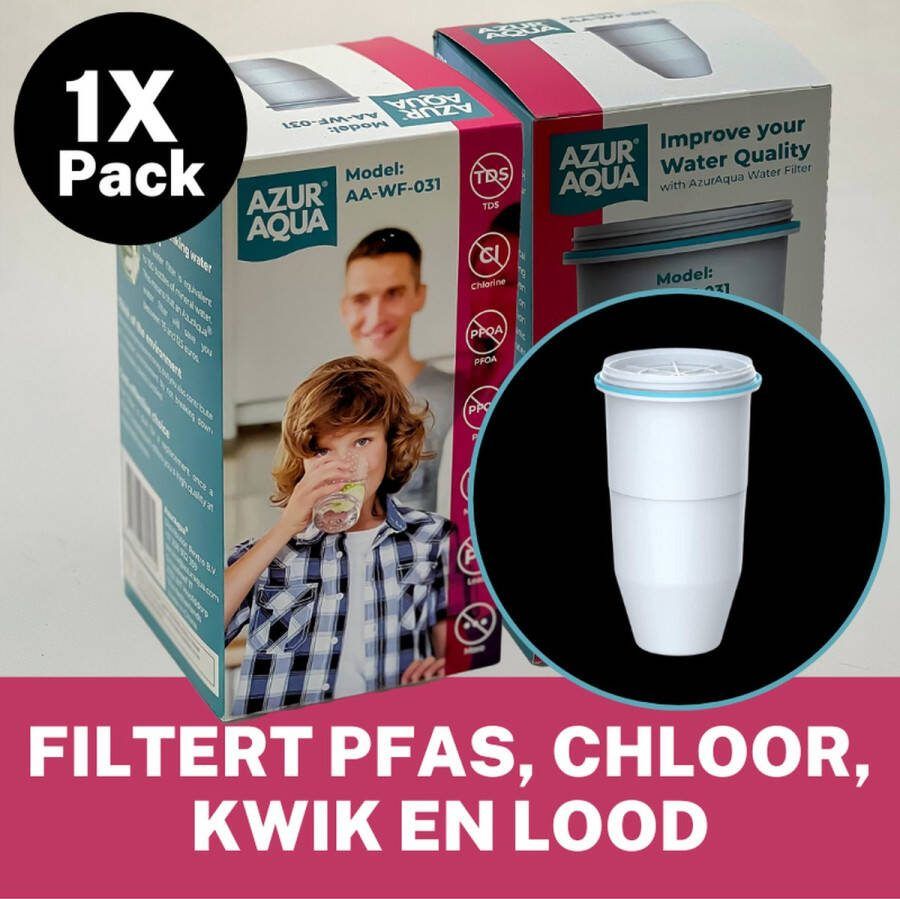 AzurAqua 1 Pack Filtert PFAS Lood Kwik en Chloor 1x Waterfilter veranging voor Waterkan Verlaag uw TDS naar 0 BPA vrij CE en IAPMO gecertificeerd Bespaar op uw mineraalwater flessen