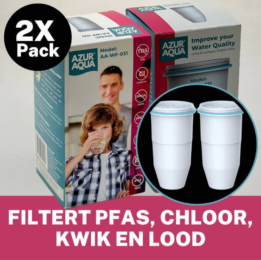 AzurAqua 2 Pack Filtert PFAS Lood Kwik en Chloor 2x Waterfilter veranging voor Waterkan Verlaag uw TDS naar 0 BPA vrij CE en IAPMO gecertificeerd Bespaar op uw mineraalwater flessen
