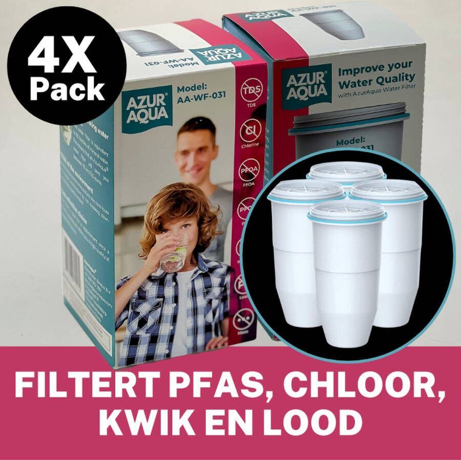 AzurAqua 4 Pack Filtert PFAS Lood Kwik en Chloor 4x Waterfilter veranging voor Waterkan Verlaag uw TDS naar 0 BPA vrij CE en IAPMO gecertificeerd Bespaar op uw mineraalwater flessen