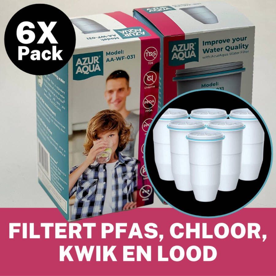 AzurAqua 6 Pack Filtert PFAS Lood Kwik en Chloor 6x Waterfilter veranging voor Waterkan Verlaag uw TDS naar 0 BPA vrij CE en IAPMO gecertificeerd Bespaar op uw mineraalwater flessen