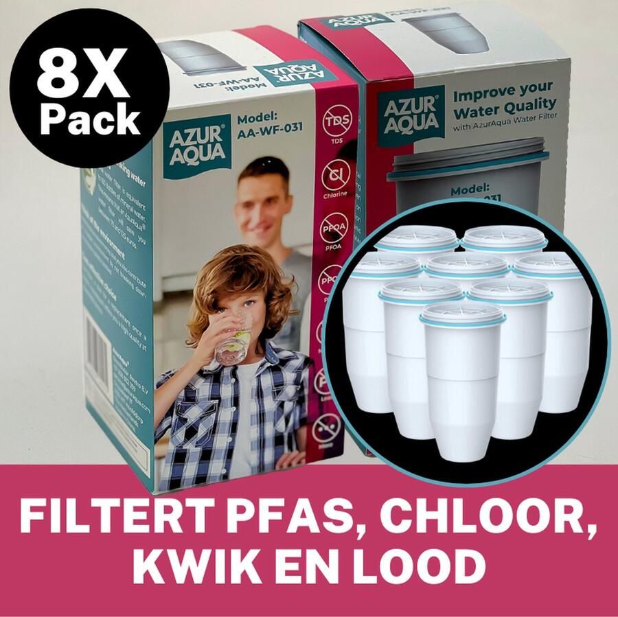 AzurAqua 8 Pack Filtert PFAS Lood Kwik en Chloor 8x Waterfilter veranging voor Waterkan Verlaag uw TDS naar 0 BPA vrij CE en IAPMO gecertificeerd Bespaar op uw mineraalwater flessen