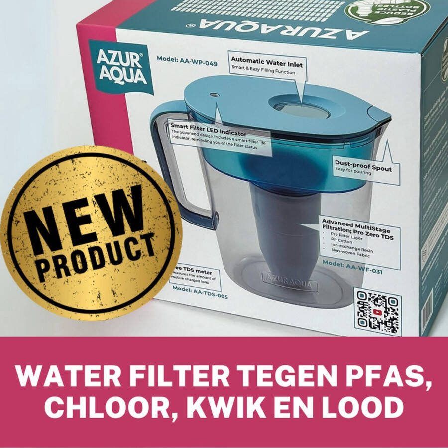 AzurAqua Verwijder PFAS Kwik Lood en Chloor Waterkan met Filter PRO Multistage Waterfilter 2.4 Liter Verlaag TDS naar 0 2 4 L met Multistage Pro Filter