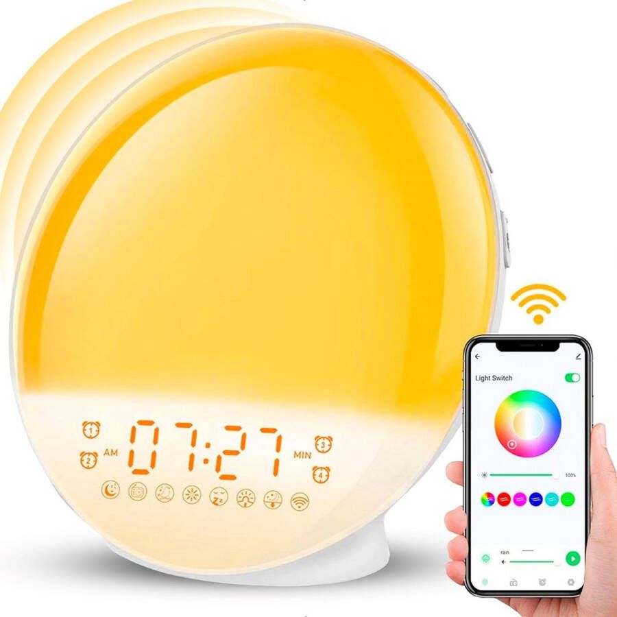 B-care Wake-up light Wifi Smart Life App Lichtwekker Wekkerradio Slaaphulp Digitale Wekker Met Lamp Sfeerverlichting FM-radio Snooze Functie 8 Natuurgeluiden 7 Kleuren 20 Helderheidsaanpassingen Kerst Cadeau