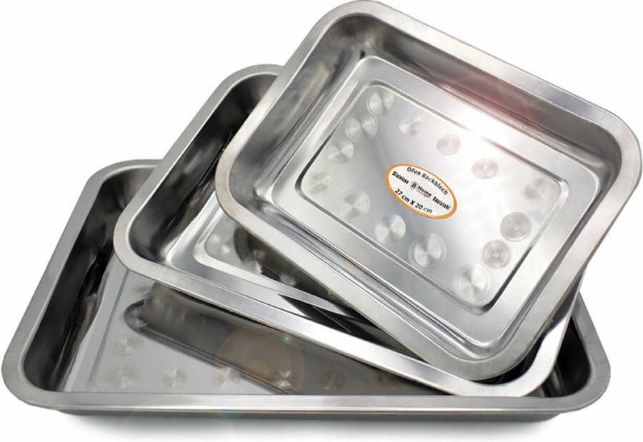 B-home Braadsledes ovenschalen set van 3x stuks rvs metaal zilver Vlees braden Braadpan