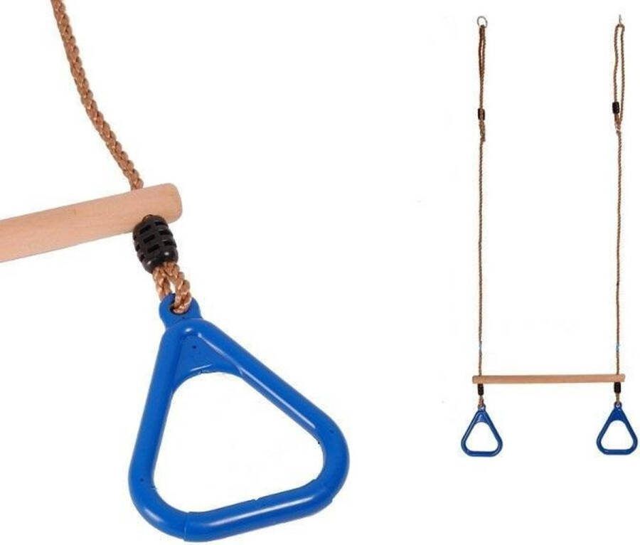B-Play Houten trapeze met kunststof driehoeksringen Blauw en PP Touw