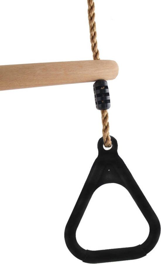 B-PLAY Houten trapeze met zwart kunststof driehoeksringen en PP Touw