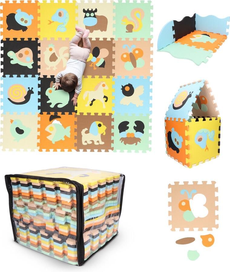 Bababoom Speelmat Baby XXL – Puzzelmat – Opvouwbaar – Speelkleed Speelmat Foam Tegels met hek – Dieren Incl. Opbergtas
