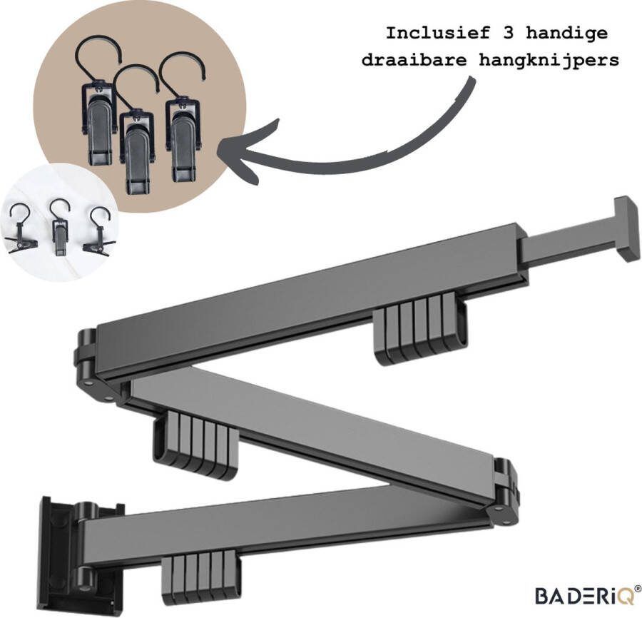 BaderiQ Droogrek Wasrek Wanddroogrek Model 2024 Inklapbaar Uittrekbaar Zwart Corsica Rvs poudercouting mat zwart 4 armen totaal 114 cm