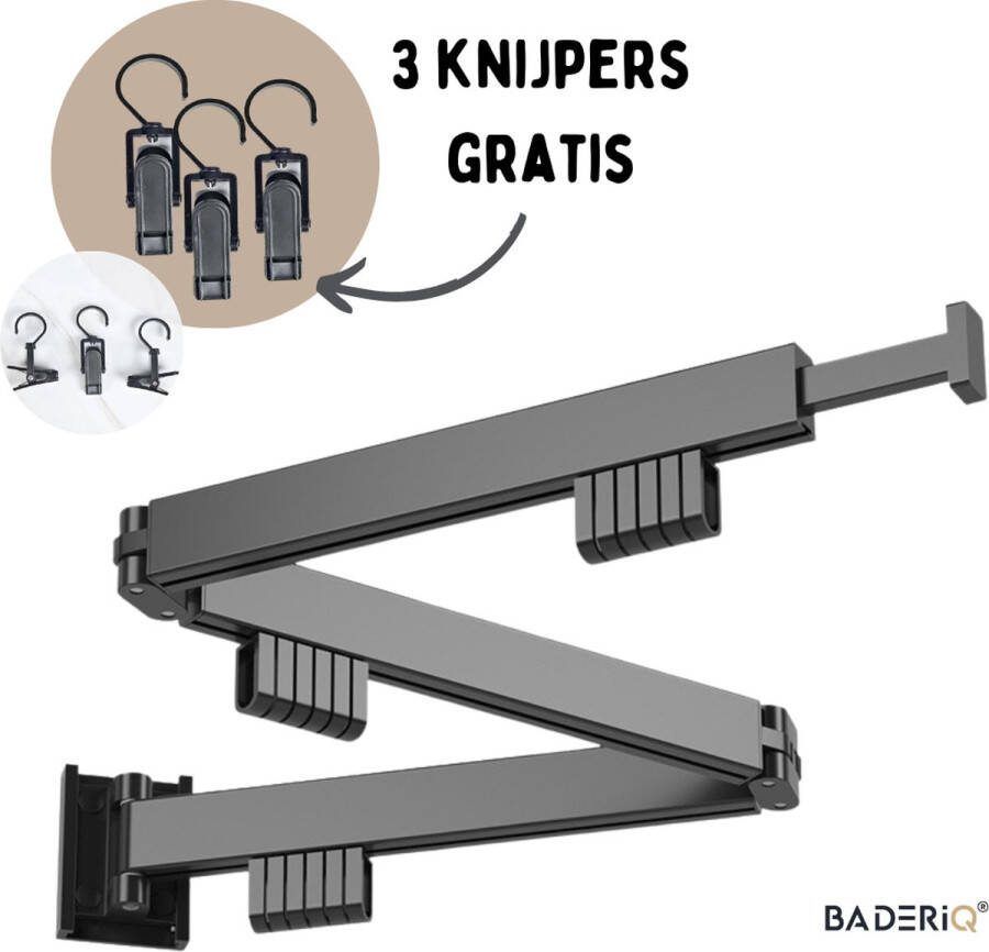 BaderiQ Droogrek Wasrek Model 2024 inklapbaar wanddroogrek uittrekbaar zwart Martiques RVS poudercouting 3 GRATIS KNIJPERS