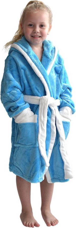 Badrock Badjas capuchon aqua blauw fleece badjas kind ochtendjas kind warm & zacht meisje & jongen maat (7-8jaar) 122-128