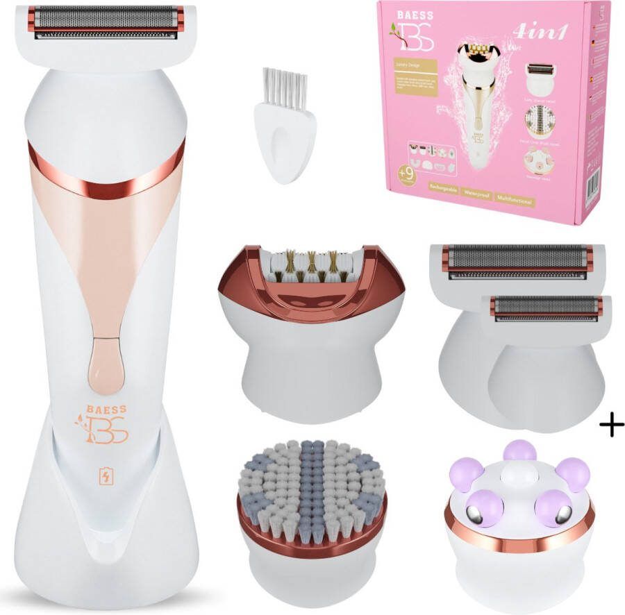 BAESS 4 in 1 Ladyshaves voor Vrouwen + Extra Scheerkop Waterdicht & Oplaadbaar Scheerapparaat Vrouw Bikinitrimmer Dames Wit