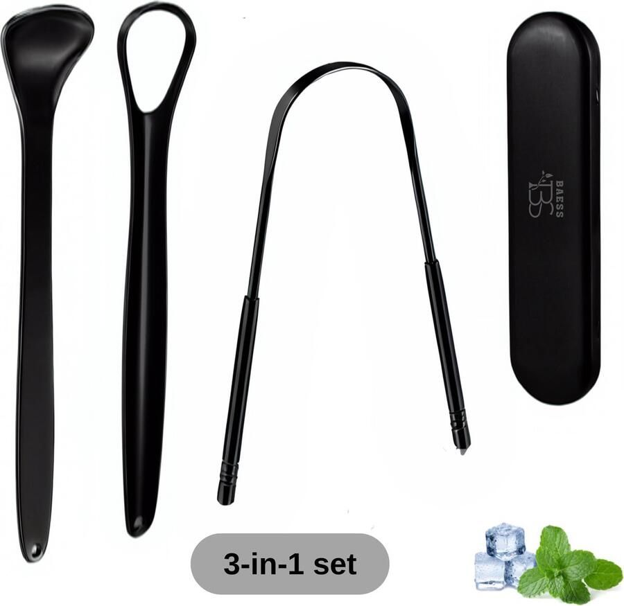 BAESS Luxe Tongschrapers 3 in 1 Set Professionele Tongschraper – Tong schraper Mondhygiëne Mondverzorging Tongreiniger Tongue Scraper RVS Zwart