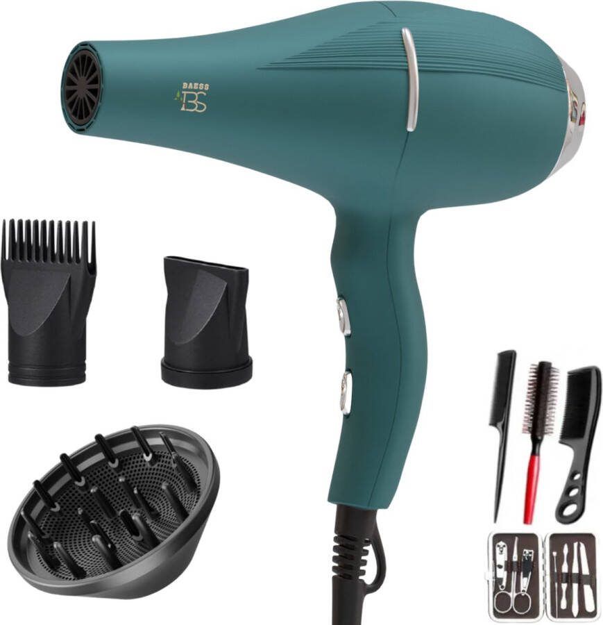 BAESS Föhn met Diffuser 5 Standen Ionische Haardroger Coolshot 2200 Watt Haarfohn Krullen Hair dryer Groen