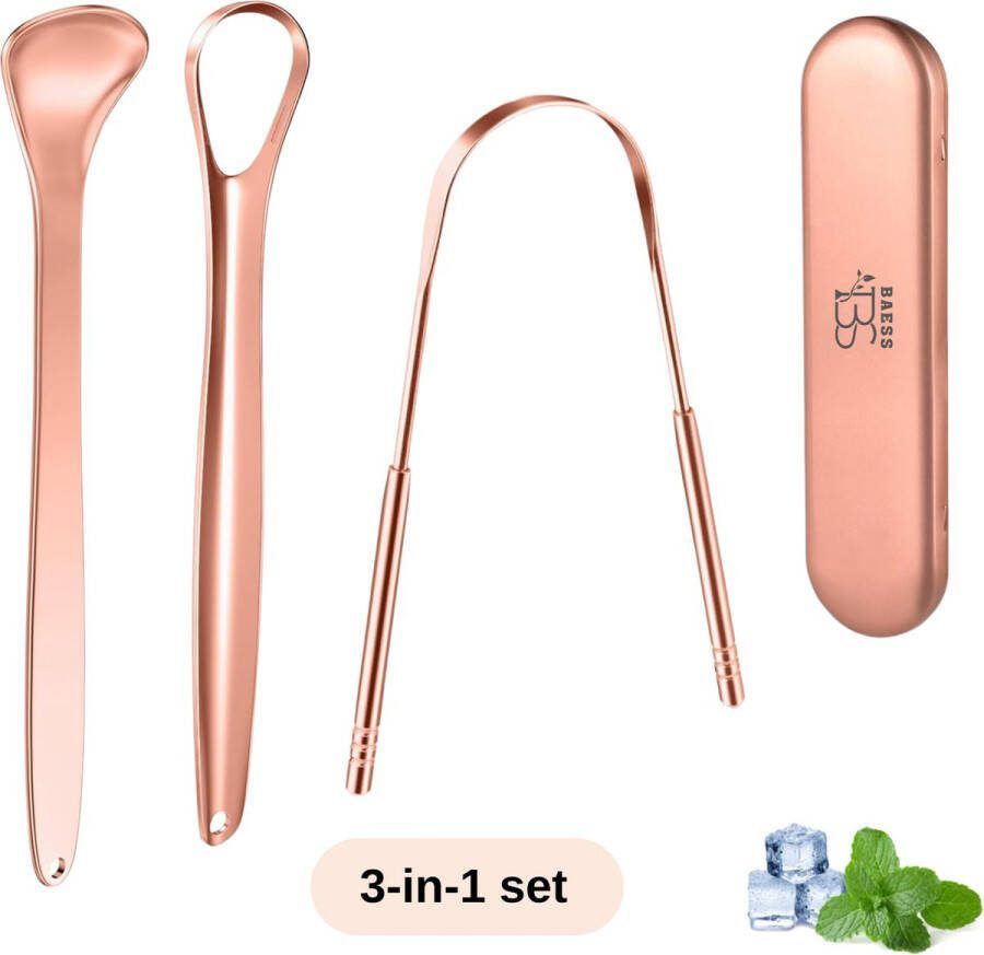 BAESS Luxe Tongschrapers 3 in 1 Set Professionele Tongschraper – Tong schraper Mondhygiëne Mondverzorging Tongreiniger Tongue Scraper RVS Rose