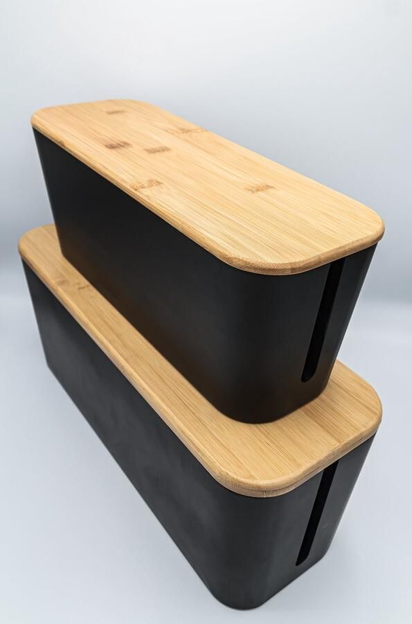 Bakki Zwart duo deal Stekkerblok verberger kabeldoos geen plastic maar echt FSC bamboe hout (houtkleurige deksel)