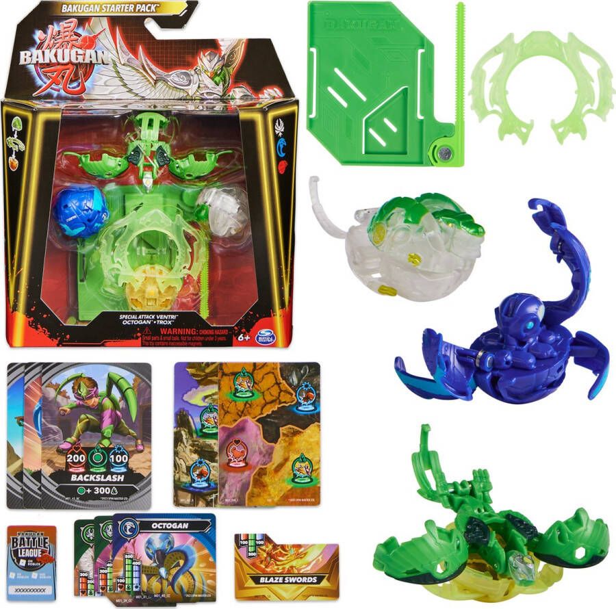 Bakugan Starter 3-Pack Special Attack Ventri x Octogan x Trox spinnende actiefiguren en ruilkaarten