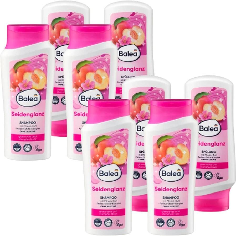 Balea 4x Shampoo en 4x Conditioner Zijdeglans 8x 300 ml VOORDEELVERPAKKING Dof haar Haarshampoo + Conditioner Siliconenvrij Veganistisch Perzik