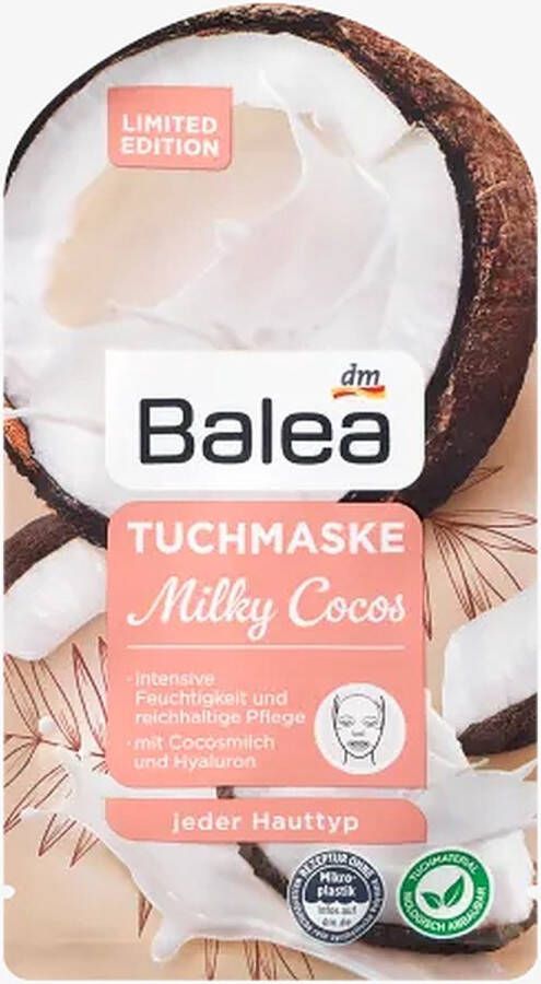 Balea gezichtsmasker milky kokos Met koskosmelk en hyaluronzuur Masker Sheetmask Zonder parabenen Hydraterend Skin-care Gezichtsverzorging Huidverzorging Anti-wrinkle Anti rimpels