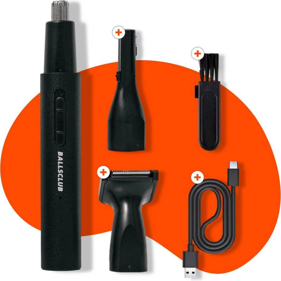 Balls Club Neushaartrimmer | 3-in 1 Neustrimmer + Oortrimmer voor Mannen | Baardtrimmer | Wenkbrauwtrimmer | Trim zonder pijn of irritatie | Compact en snel oplaadbaar (zonder batterijen) | De Sidekick van