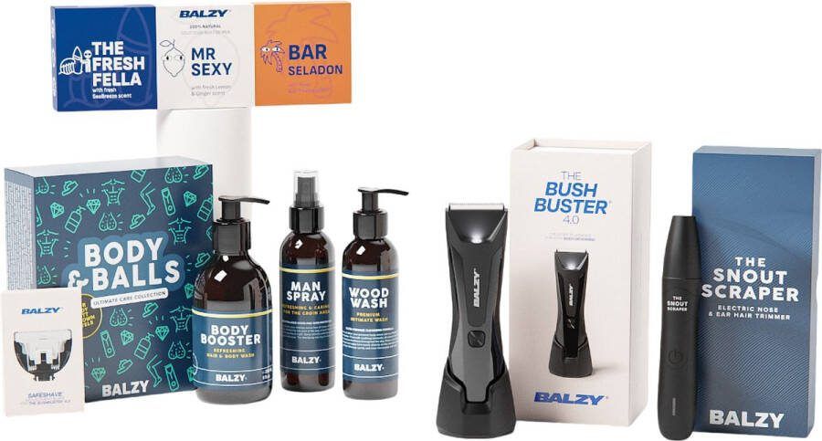 Balzy Perfect Package 4.0 Complete Grooming Set Geschenkset Mannen Bodygroomer Mannen 3 Organische Soap-Bars Neustrimmer en Oortrimmer Douchegel 250 ml Zeep voor Billen & Ballen 150 ml Spray voor Intieme Delen 150 ml