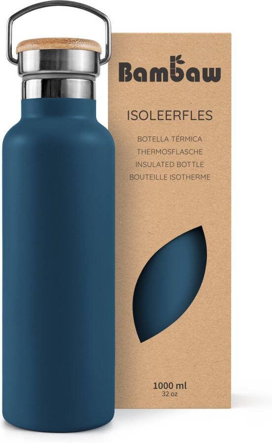 Bambaw 1 Liter RVS Thermosfles Isoleerfles Dubbelwandig Milieuvriendelijk Lekvrijen loodvrij en Plasticvrij Geïsoleerde Fles met Bamboe Deksel voor Warme en Koude Dranken Ideaal voor Reizen Werk Yoga Wandelen en Dagelijks Gebruik – blauw