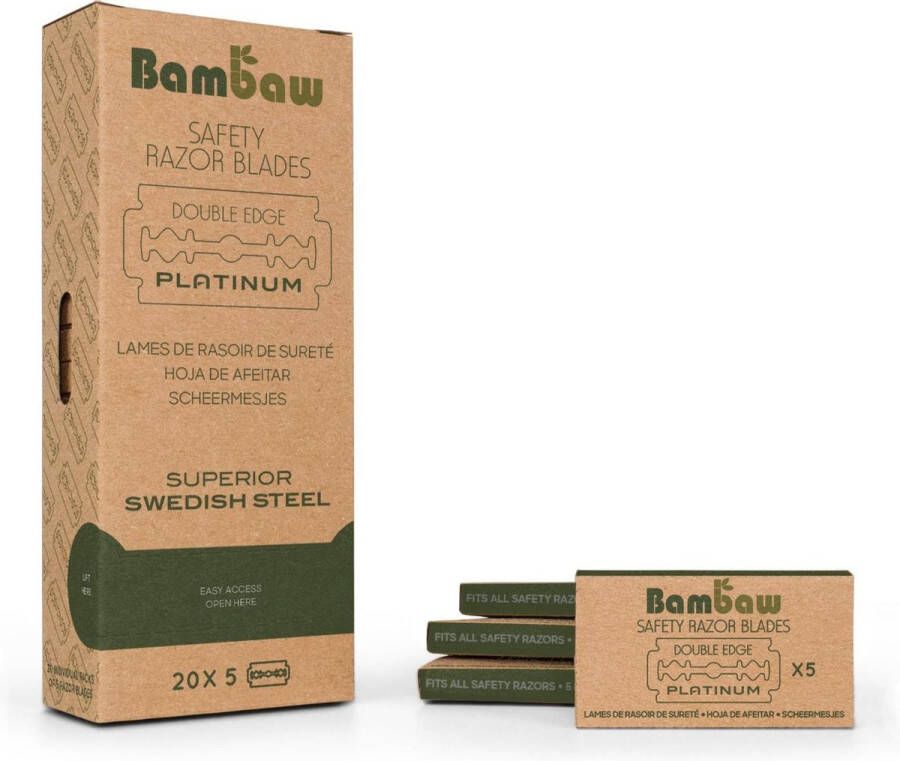 Bambaw 100 Scheermesjes Vervaardigd in Europa superieure kwaliteit Universeel Tweezijdig mesje uit roestvrij staal 20 doosjes met 5 scheermesjes