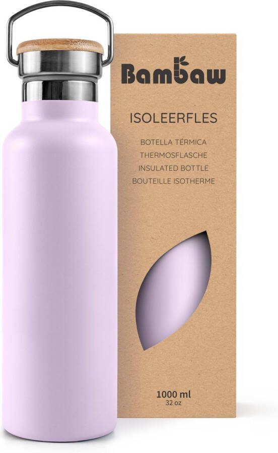 Bambaw 1000ml RVS Thermosfles Isoleerfles Dubbelwandig Milieuvriendelijk Lekvrijen loodvrij en Plasticvrij Geïsoleerde Fles met Bamboe Deksel voor Warme en Koude Dranken Ideaal voor Reizen Werk Yoga Wandelen en Dagelijks Gebruik – violet