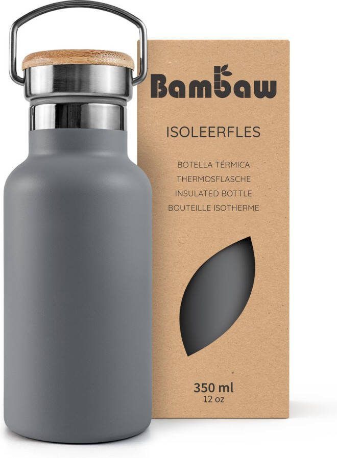 Bambaw 350ml RVS Thermosfles Isoleerfles Dubbelwandig Milieuvriendelijk Lekvrijen loodvrij en Plasticvrij Geïsoleerde Fles met Bamboe Deksel voor Warme en Koude Dranken -Ideaal voor Reizen Werk Yoga Wandelen en Dagelijks Gebruik– donkergrijs
