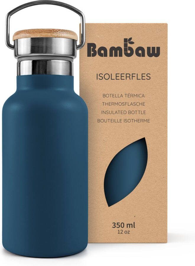 Bambaw 350ml RVS Thermosfles Isoleerfles Dubbelwandig Milieuvriendelijk Lekvrijen loodvrij en Plasticvrij Geïsoleerde Fles met Bamboe Deksel voor Warme en Koude Dranken Ideaal voor Reizen Werk Yoga Wandelen en Dagelijks Gebruik – blauw
