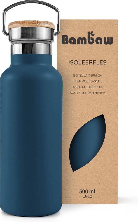 Bambaw 500ml RVS Thermosfles Isoleerfles Dubbelwandig Milieuvriendelijk Lekvrijen loodvrij en Plasticvrij Geïsoleerde Fles met Bamboe Deksel voor Warme en Koude Dranken Ideaal voor Reizen Werk Yoga Wandelen en Dagelijks Gebruik – blauw